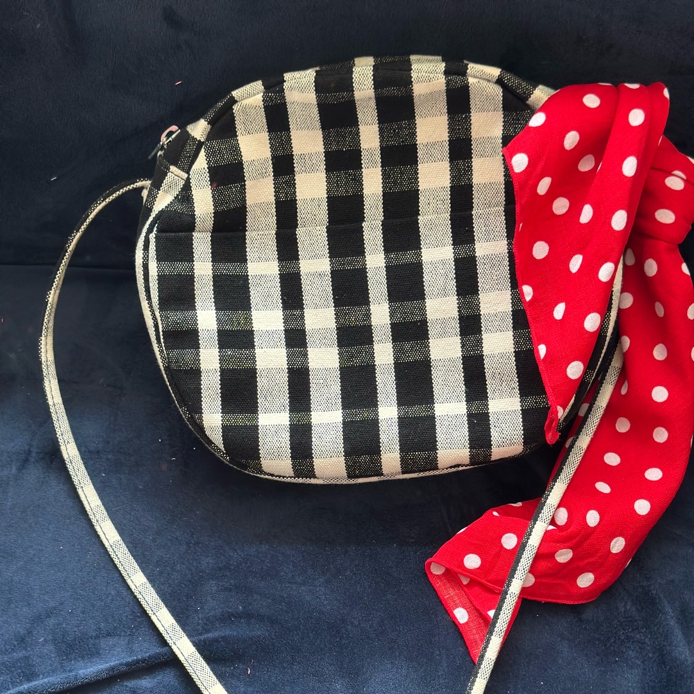 CLEARANCE!!! Black and white plaid bag with red and white polka dot scarf